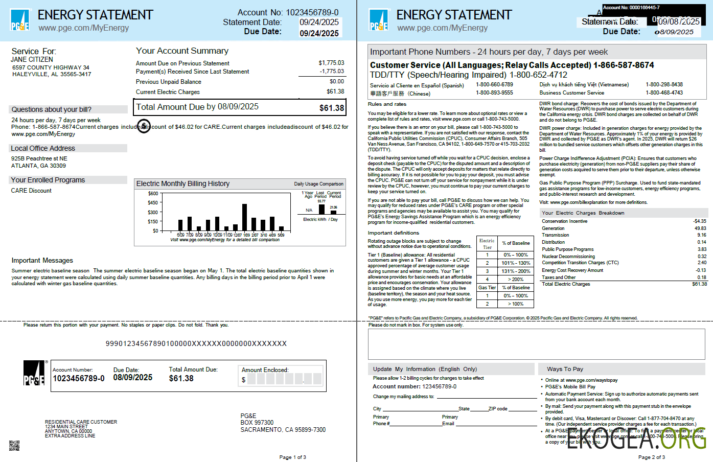 USA PG&E utility bill template in Word and PDF formats, 3 pages, 1 2 pages